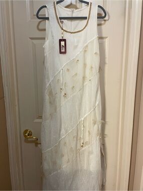 Sleeveless Cream Maxi Dress with Gold Embroidered Accents